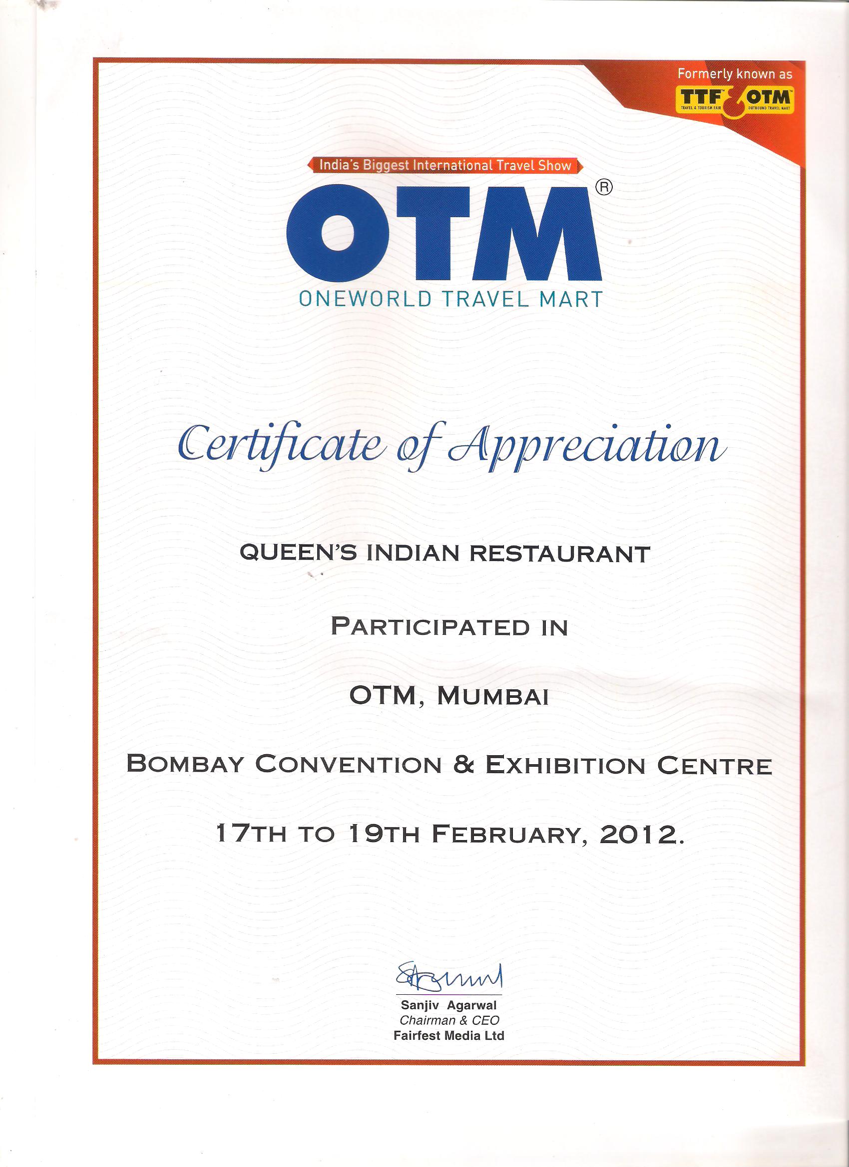 Appreciation for Convention & Exhibition from OTM (One Travel Mart) 2012